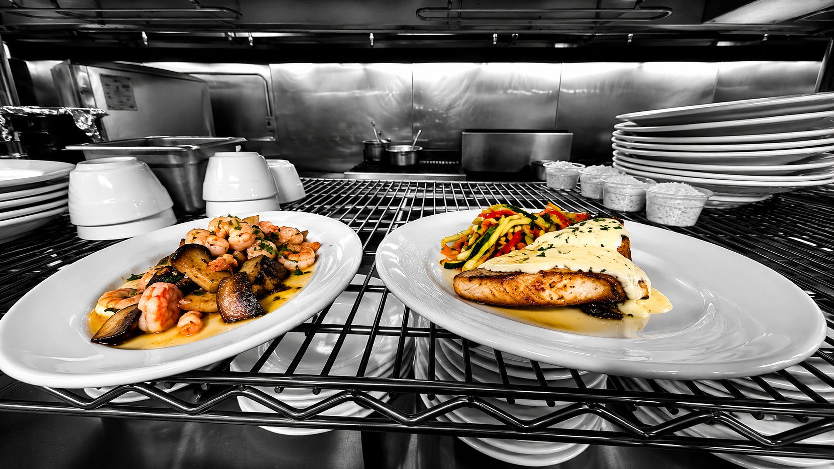 Plated dishes on the pass in Chef Tony's kitchen.