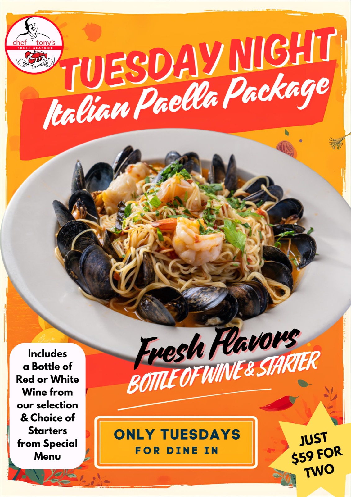 Tuesday Night Italian Paella Package — $59 for two, includes a bottle of wine and a starter
